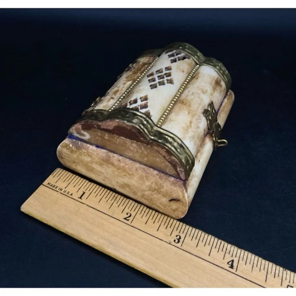 Camel Bone Treasure Chest Jewelry Trinket Box Brass Velvet Lined 3”x2